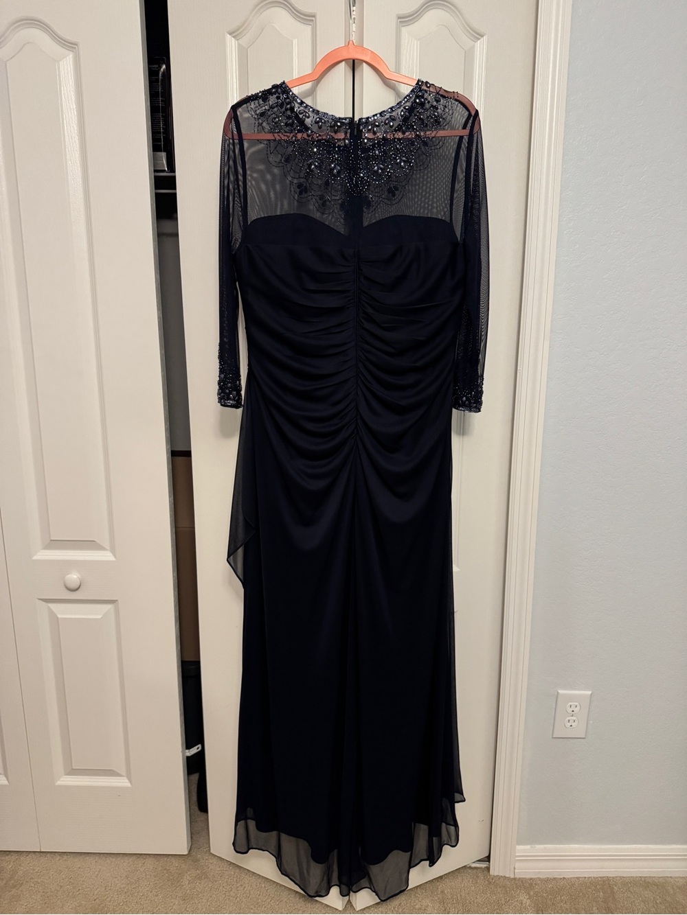 Navy Blue Beaded Chiffon Evening Dress